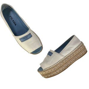 PRADA White Leather Logo Peep Toe Raffia Platform Espadrille sandals